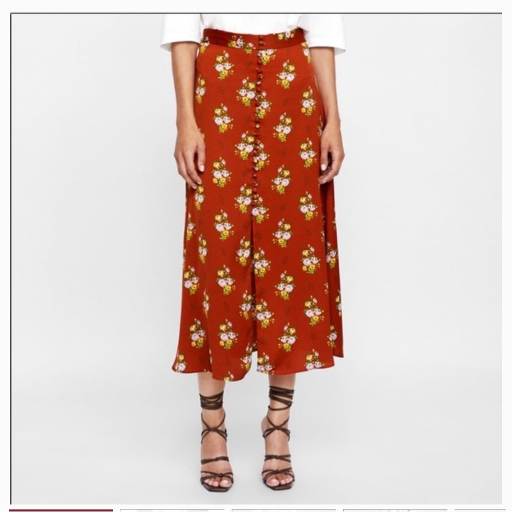 - ZARA Floral‎ Satin Midi Skirt
